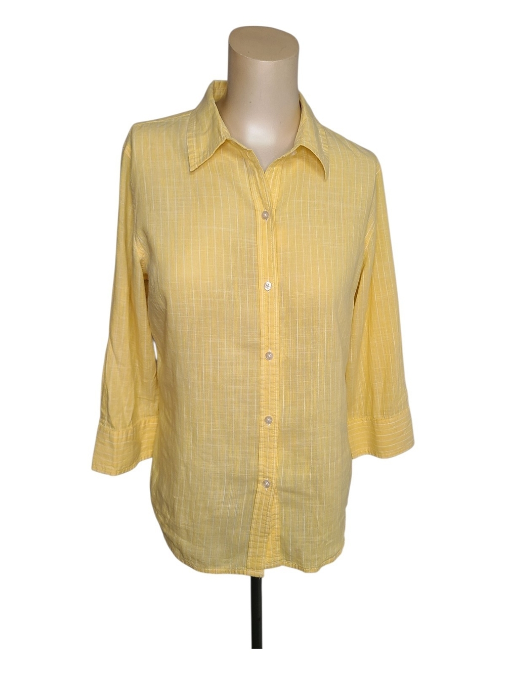 Talbots Striped Cotton Linen Blend Button Down Shirt Yellow Roll Tab Sleeves S
